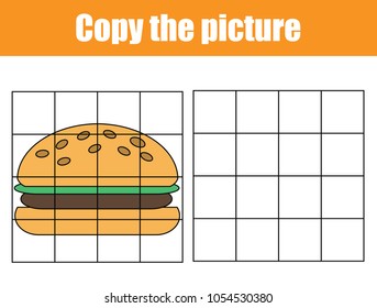 Grid copy game, complete the picture educational children game. Printable kids activity sheet yummy burger. Copy the picture.