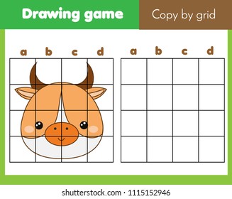 Grid copy game, complete the picture educational children game. Printable kids activity sheet with cow face.