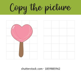 Grid copy game. Complete the picture. Worksheet for kids. Ice cream