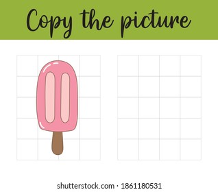 Juego de copia de cuadrícula. Completa la imagen. Hoja de trabajo para niños. Helado