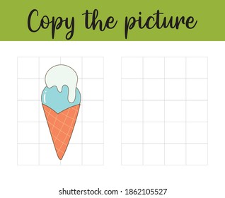 Juego de copia de cuadrícula. Completa la imagen. Hoja de trabajo para niños. Helado
