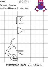 Grid copy game, complete the picture children. Printable Kids activity sheet with Robot