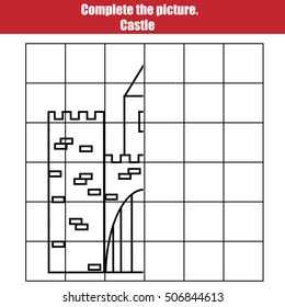 Grid copy game, complete the picture children. Printable Kids activity sheet with castle. learning Symmetry drawing