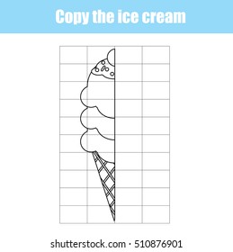 Grid copy game, complete the picture educational children game. Printable kids activity sheet with ice cream. learning Symmetry drawing