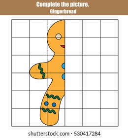 Grid copy game, complete the picture educational children game. Printable kids activity sheet with gingerbread man. Learning Symmetry drawing