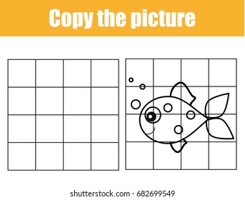 Grid copy game, complete the picture educational children game. Printable kids activity sheet with fish