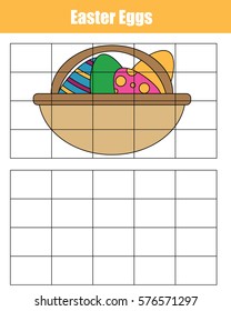 Grid Copy Game. Draw The Picture Educational Children Game. Printable Kids Activity Sheet With Easter Eggs In Basket