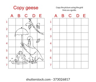 Grid copy puzzle - the picture of cute geese. Educational game for children. Vector illustration.
