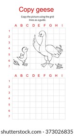 Grid copy puzzle - the picture of cute geese. Educational game for children. Vector illustration.