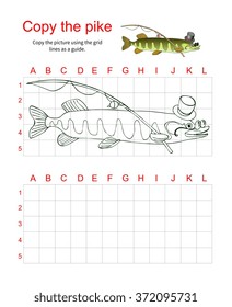 Grid copy puzzle - the picture of erudite pike in hat and glasses. Educational game for children. Vector illustration.
