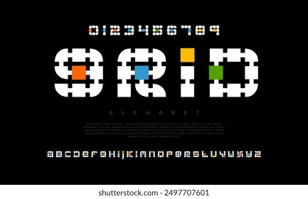 Grid creative modern geometric urban alphabet font. Digital abstract futuristic, game, techno, robot, music, logo, sport, minimal technology typography. Simple numeric vector illustration