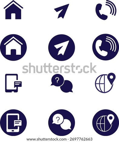 A grid of dark blue communication and contact icons, featuring symbols for home, send, call, message, chat, and global location, presented in both outline and circular designs.