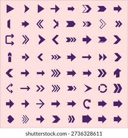 A grid of dark blue vector icons, predominantly featuring various right-pointing arrows for navigation and directional purposes in digital design.