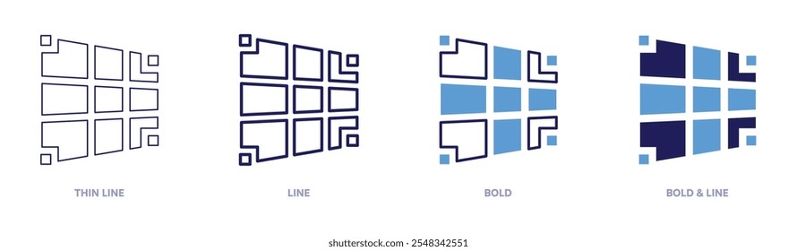 Grid design icon in 4 different styles. Thin Line, Line, Bold, and Bold Line. Duotone style. Editable stroke.
