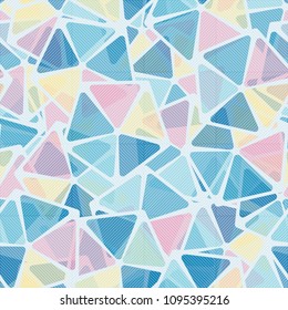 A grid of diagonally drawn squares covers a bright pattern of pentagons. Texture for use on walls, in clothes and any draperies. Designed for use by lucky people.