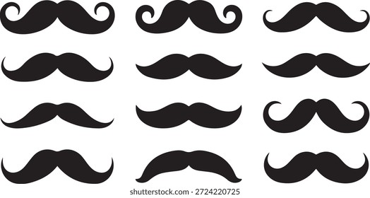 Uma grade de diferentes formas de bigode preto perfeito para fins de design ou ilustração.