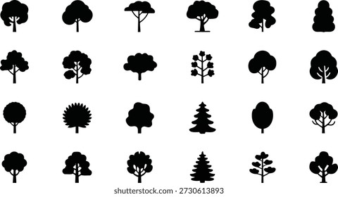 A grid of different black tree icons, illustrating various tree shapes and types of vegetation for environmental or outdoor projects.