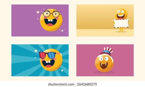 grid of different emoji characters with props and vibrant background squares