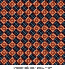Grid digital paper, textile print, design. Vector repeated shapes and lines seamless background. Geometric seamless surface pattern design with retro black, orange and red colors rhombuses ornament.