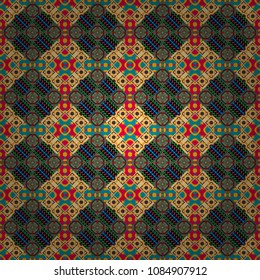 Grid digital paper, textile print, design. Vector repeated shapes and lines seamless background. Geometric seamless surface pattern design with retro yellow, blue and pink colors rhombuses ornament.