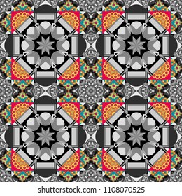 Grid digital paper, textile print, design. Vector repeated shapes and lines seamless background. Geometric seamless surface pattern design with retro yellow, gray and black colors rhombuses ornament.