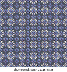 Grid digital paper, textile print, design. Vector repeated shapes and lines seamless background. Geometric seamless surface pattern design with retro blue, violet and gray colors rhombuses ornament.