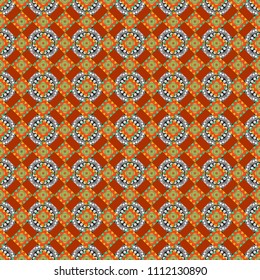 Grid digital paper, textile print, design. Vector repeated shapes and lines seamless background. Geometric seamless surface pattern design with retro gray, green and orange colors rhombuses ornament.