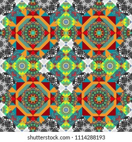Grid digital paper, textile print, design. Vector repeated shapes and lines seamless background. Geometric seamless surface pattern design with retro yellow, blue and gray colors rhombuses ornament.