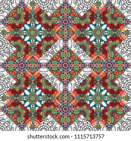 Grid digital paper, textile print, design. Vector repeated shapes and lines seamless background. Geometric seamless surface pattern design with retro gray, blue and red colors rhombuses ornament.