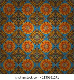 Grid digital paper, textile print, design. Vector repeated shapes and lines seamless background. Geometric seamless surface pattern design with retro brown, orange and blue colors rhombuses ornament.