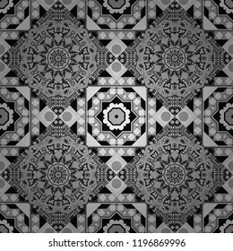 Grid digital paper, textile print, design. Vector repeated shapes and lines seamless background. Geometric seamless surface pattern design with retro black, white and gray colors rhombuses ornament.