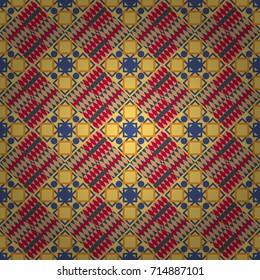Grid digital paper, textile print, design. Vector repeated shapes and lines seamless background. Geometric seamless surface pattern design with retro beige, red and yellow colors rhombuses ornament.
