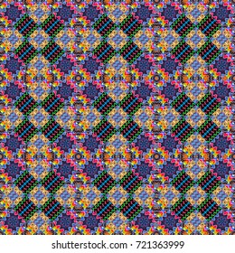 Grid digital paper, textile print, design. Vector repeated shapes and lines seamless background. Geometric seamless surface pattern design with retro yellow, blue and violet colors rhombuses ornament.
