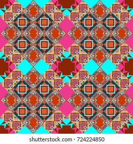 Grid digital paper, textile print, design. Vector repeated shapes and lines seamless background. Geometric seamless surface pattern design with retro blue, orange and green colors rhombuses ornament.