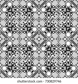 Grid digital paper, textile print, design. Vector repeated shapes and lines seamless background. Geometric seamless surface pattern design with retro black, white and gray colors rhombuses ornament.