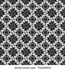 Grid digital paper, textile print, design. Vector repeated shapes and lines seamless background. Geometric seamless surface pattern design with retro white, gray and black colors rhombuses ornament.