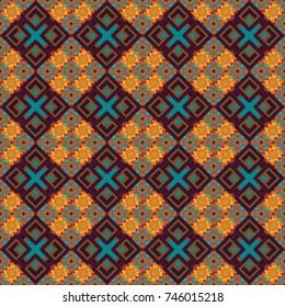 Grid digital paper, textile print, design. Vector repeated shapes and lines seamless background. Geometric seamless surface pattern design with retro blue, red and brown colors rhombuses ornament.