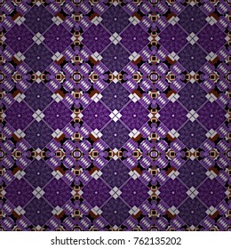 Grid digital paper, textile print, design. Vector repeated shapes and lines seamless background. Geometric seamless surface pattern design with retro white, violet and purple colors rhombuses ornament