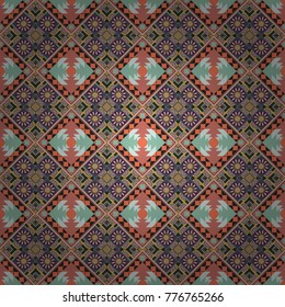 Grid digital paper, textile print, design. Vector repeated shapes and lines seamless background. Geometric seamless surface pattern design with retro neutral, orange and gray colors rhombuses ornament