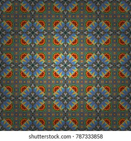 Grid digital paper, textile print, design. Vector repeated shapes and lines seamless background. Geometric seamless surface pattern design with retro brown, orange and blue colors rhombuses ornament.