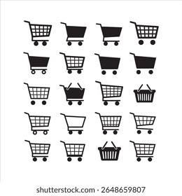 A grid display of sixteen distinct black and white shopping cart and basket icons.
