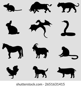 A grid display of twelve black animal silhouettes representing the complete cycle of the Chinese zodiac, including a rat, ox, tiger, rabbit, dragon, snake, horse, goat, monkey, rooster, dog and pig.