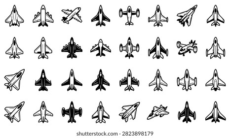 A grid display of various aircraft silhouettes including fighter jets, propeller planes, and modern jets.