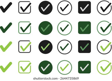  A grid display of various check mark icons, presented in different styles and tones. offering a diverse set of visual options for indicating completion or selection.