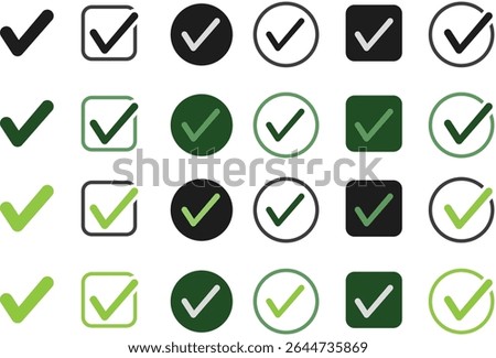  A grid display of various check mark icons, presented in different styles and tones. offering a diverse set of visual options for indicating completion or selection.