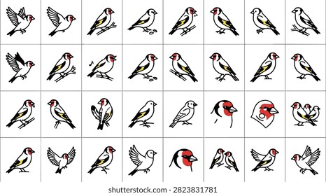 A grid displaying various artistic representations of goldfinch birds, including detailed drawings and simple sketches.