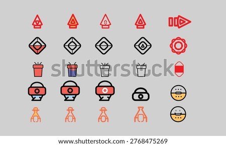 A grid displaying various small, colorful, unique icons with distinct geometric shapes and outlines.