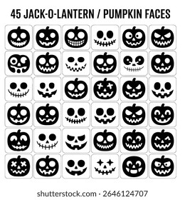 A grid displays fortyfive black jackolantern and pumpkin faces on white squares various expressions