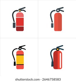 A grid displays four distinct fire extinguisher illustrations with flat vector design. Each features a red cylinder with varying accent colors and dark gray details.