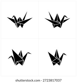 A grid displays four identical black silhouettes of folded paper origami cranes.